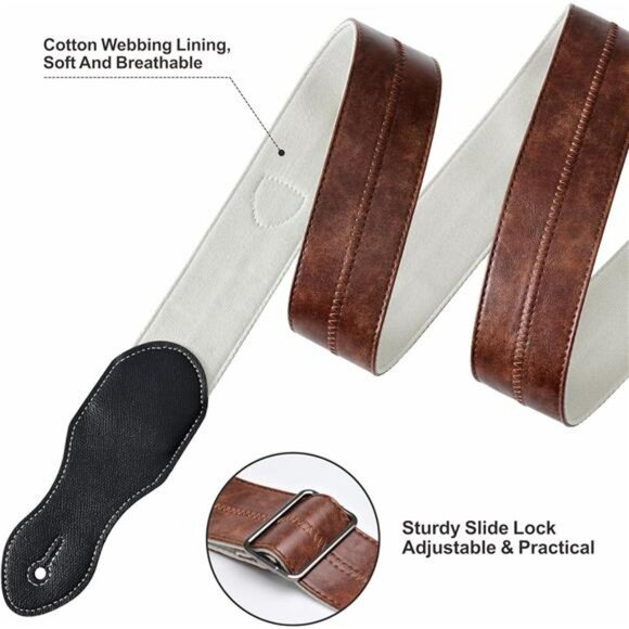 Brown Vegan Leather Guitar Strap Adjustable Soft Wide with Pick Holder - Picture 5 of 7